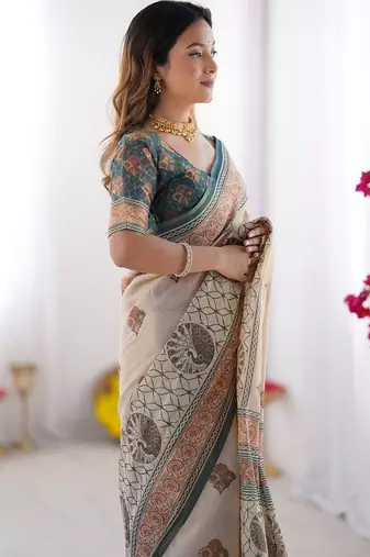 Printed handloom cotton saree for women with floral design and tassels