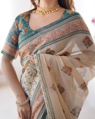 Printed handloom cotton saree for women with floral design and tassels 5