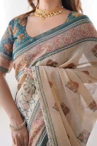 Printed handloom cotton saree for women with floral design and tassels