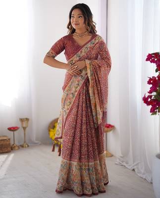 Everyday elegance handloom cotton floral saree with blouse piece     5.5m 1