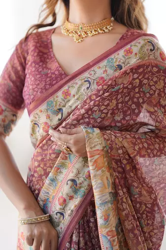 Everyday elegance handloom cotton floral saree with blouse piece     5.5m