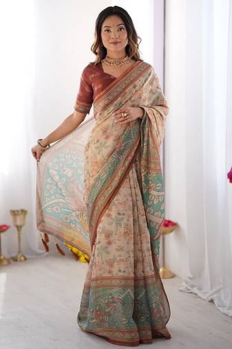 Soft handloom cotton saree with multicolor floral print and tassel edges
