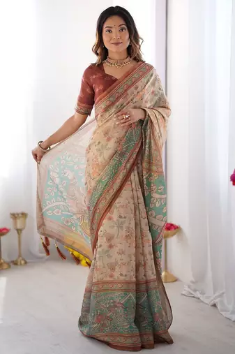 Soft handloom cotton saree with multicolor floral print and tassel edges