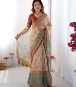 Soft handloom cotton saree with multicolor floral print and tassel edges