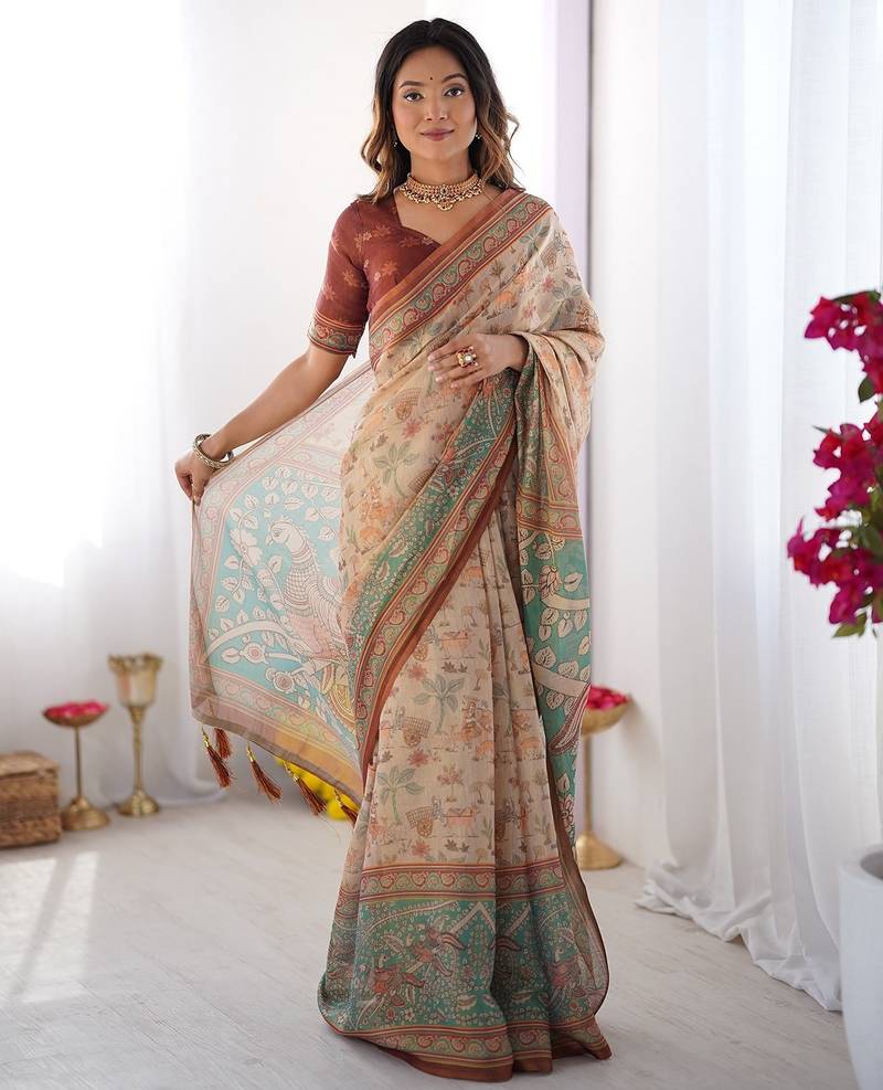 Soft handloom cotton saree with multicolor floral print and tassel edges