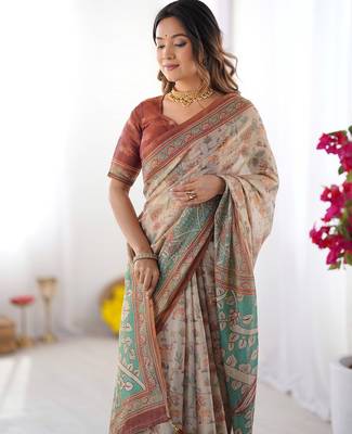Soft handloom cotton saree with multicolor floral print and tassel edges 2