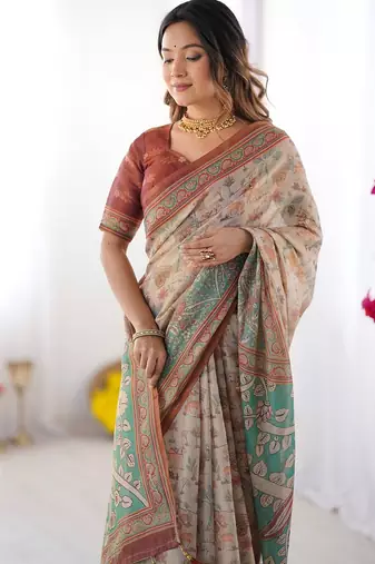 Soft handloom cotton saree with multicolor floral print and tassel edges