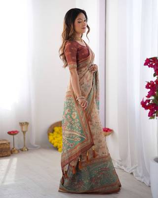 Soft handloom cotton saree with multicolor floral print and tassel edges 3