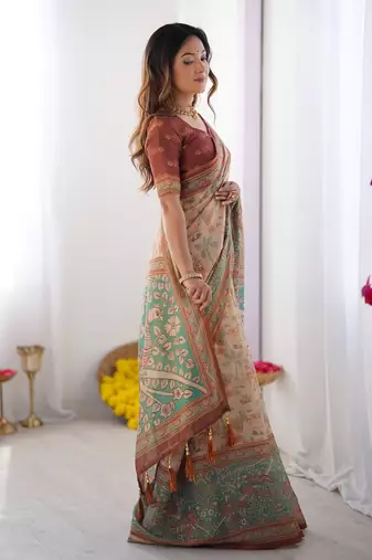 Soft handloom cotton saree with multicolor floral print and tassel edges