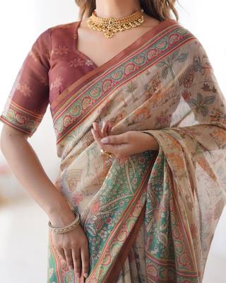 Soft handloom cotton saree with multicolor floral print and tassel edges 4
