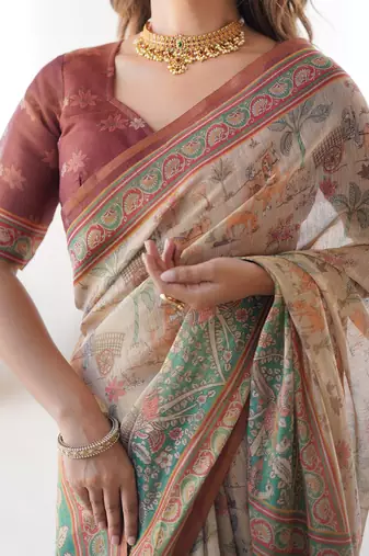 Soft handloom cotton saree with multicolor floral print and tassel edges