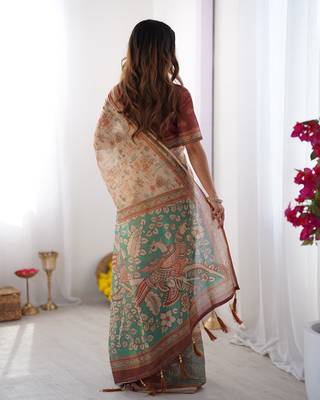 Soft handloom cotton saree with multicolor floral print and tassel edges 5