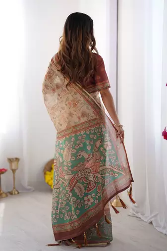 Soft handloom cotton saree with multicolor floral print and tassel edges