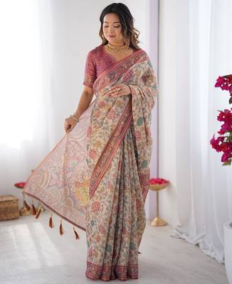 Stylish cotton handloom saree with floral digital print and tassels     5.5m + 0.8m 1