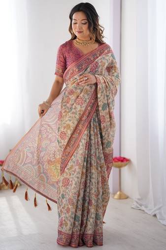 Stylish cotton handloom saree with floral digital print and tassels     5.5m + 0.8m