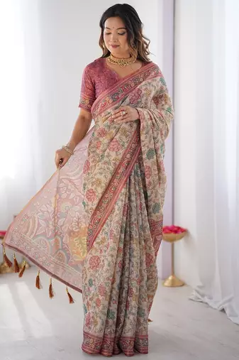 Stylish cotton handloom saree with floral digital print and tassels – 5.5m + 0.8m