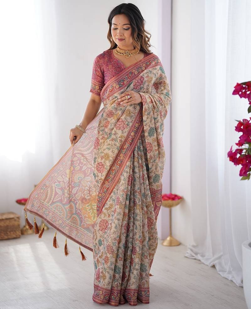 Stylish cotton handloom saree with floral digital print and tassels     5.5m + 0.8m