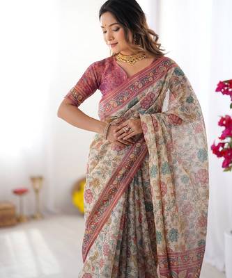 Stylish cotton handloom saree with floral digital print and tassels     5.5m + 0.8m 2