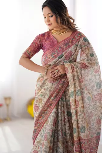 Stylish cotton handloom saree with floral digital print and tassels     5.5m + 0.8m