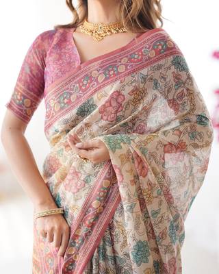 Stylish cotton handloom saree with floral digital print and tassels     5.5m + 0.8m 3