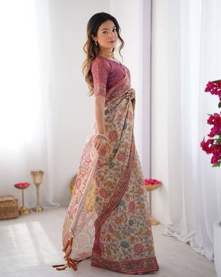 Stylish cotton handloom saree with floral digital print and tassels     5.5m + 0.8m 4