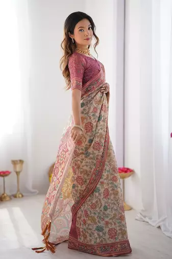 Stylish cotton handloom saree with floral digital print and tassels     5.5m + 0.8m