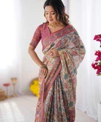 Stylish cotton handloom saree with floral digital print and tassels     5.5m + 0.8m 5