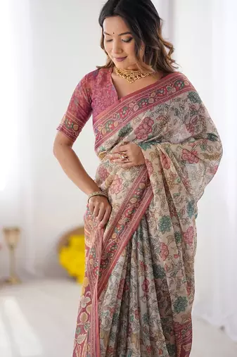 Stylish cotton handloom saree with floral digital print and tassels     5.5m + 0.8m