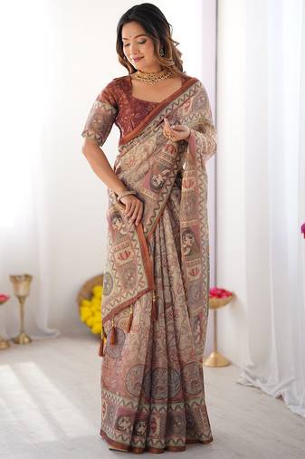 Festive ready handloom cotton saree with floral artwork & matching blouse