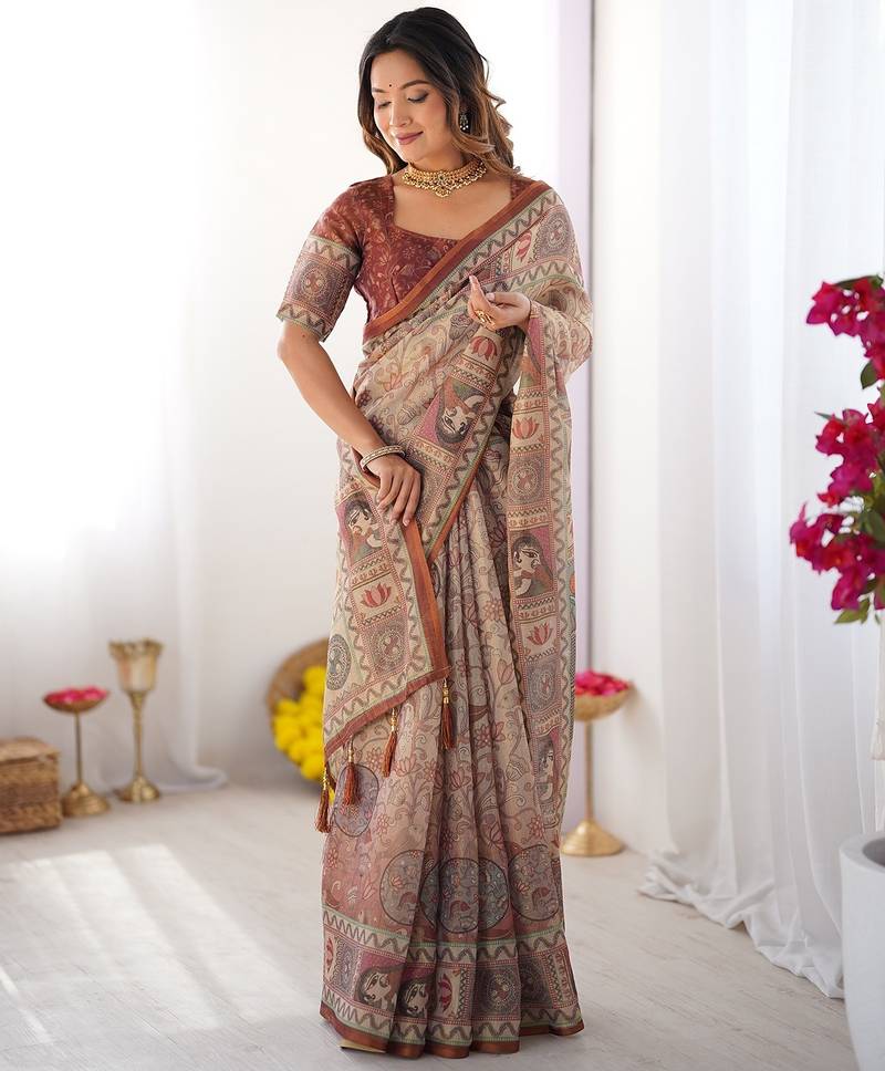 Festive ready handloom cotton saree with floral artwork & matching blouse