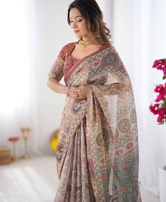 Festive ready handloom cotton saree with floral artwork & matching blouse 2