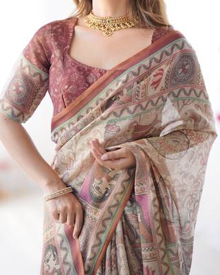 Festive ready handloom cotton saree with floral artwork & matching blouse 3
