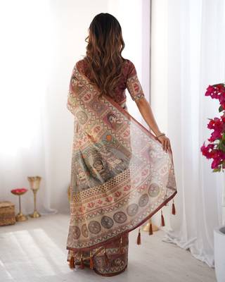 Festive ready handloom cotton saree with floral artwork & matching blouse 4