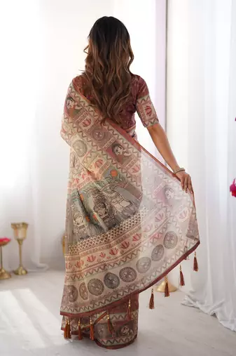 Festive ready handloom cotton saree with floral artwork & matching blouse