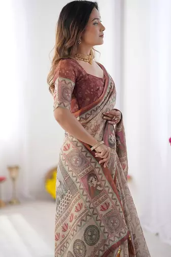 Festive ready handloom cotton saree with floral artwork & matching blouse