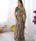 Handloom cotton floral printed saree with tassels & attached blouse     5.5m