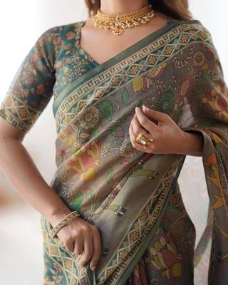 Handloom cotton floral printed saree with tassels & attached blouse     5.5m 3