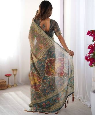 Handloom cotton floral printed saree with tassels & attached blouse     5.5m 4