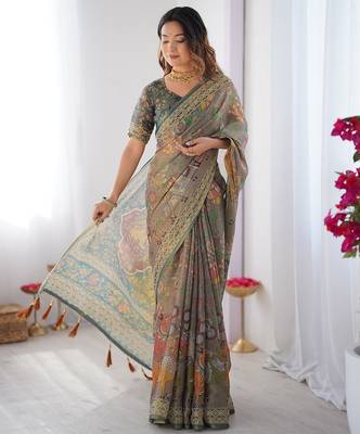 Handloom cotton floral printed saree with tassels & attached blouse     5.5m 5