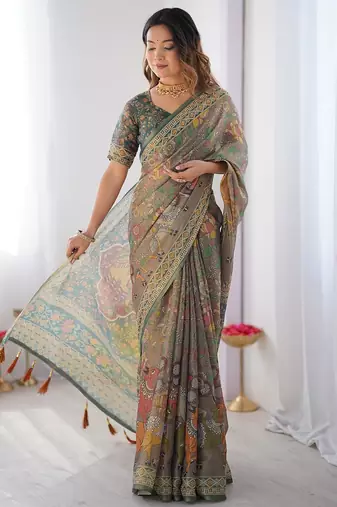 Handloom cotton floral printed saree with tassels & attached blouse     5.5m