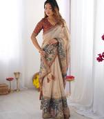 Elegant handloom cotton saree with floral print & tassel edges     5.5m + 0.8m blouse