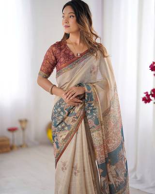 Elegant handloom cotton saree with floral print & tassel edges     5.5m + 0.8m blouse 2