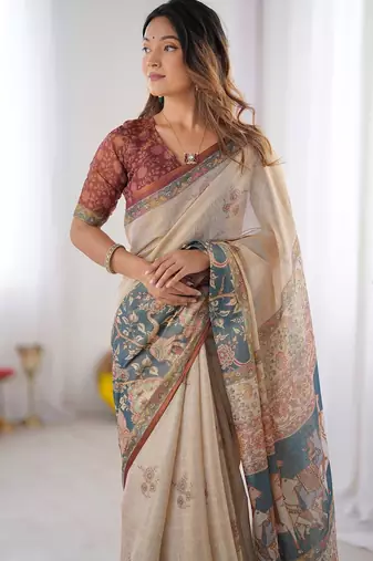 Elegant handloom cotton saree with floral print & tassel edges     5.5m + 0.8m blouse