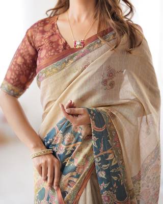 Elegant handloom cotton saree with floral print & tassel edges     5.5m + 0.8m blouse 3