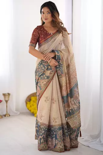 Elegant handloom cotton saree with floral print & tassel edges     5.5m + 0.8m blouse