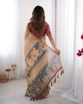 Elegant handloom cotton saree with floral print & tassel edges     5.5m + 0.8m blouse 5