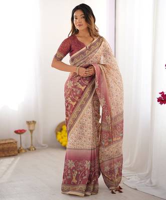 Pure cotton handloom saree with floral print and designer tassels 1
