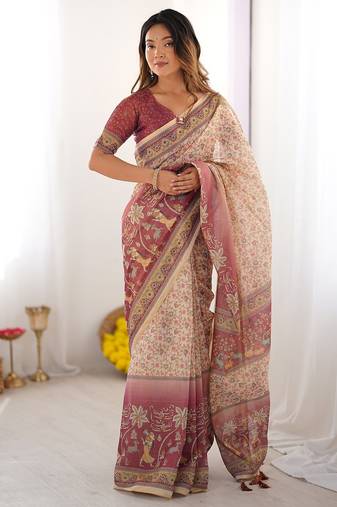 Pure cotton handloom saree with floral print and designer tassels