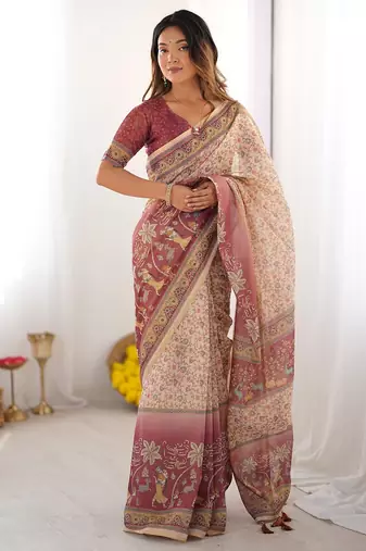 Pure cotton handloom saree with floral print and designer tassels