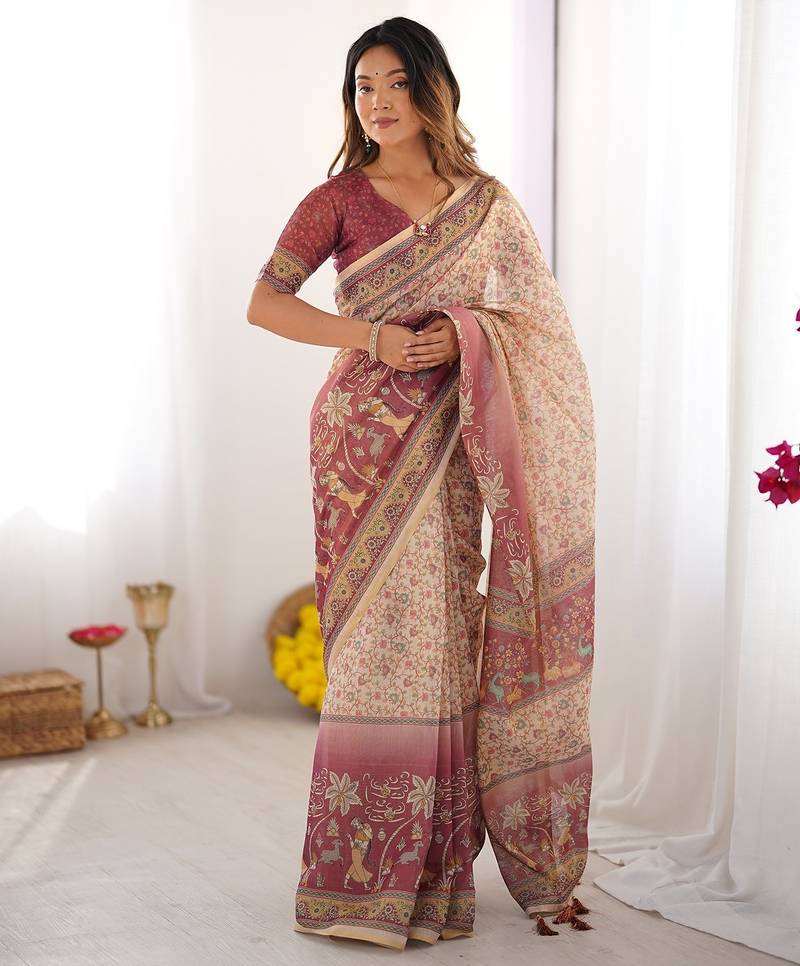 Pure cotton handloom saree with floral print and designer tassels